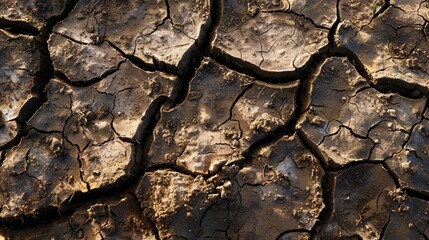 Parched soil surface with visible cracks and rough texture Close-up photo with clean background