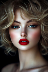 Fototapeta premium A woman with red lipstick and blonde hair. She has a very pretty face. The photo is black and white