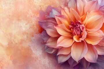 Close-Up of a Peach and Purple Dahlia Blossom with Watercolor Background
