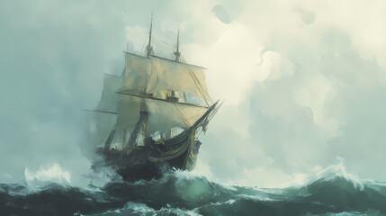 Art illustration of big ancient pirate ship sailing on rough sea, generative ai. Pirate Ship. Illustration