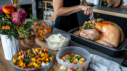 Obraz premium A beautifully arranged table featuring a cooked turkey and various side dishes, perfect for festive gatherings and family meals.