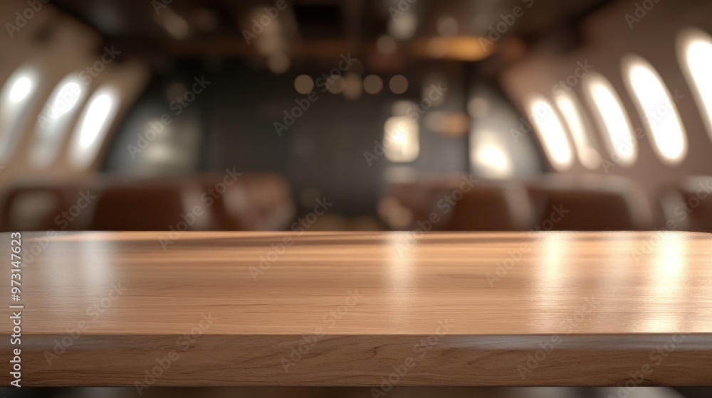 Wall mural A blurred interior of an airplane with a wooden table in focus.