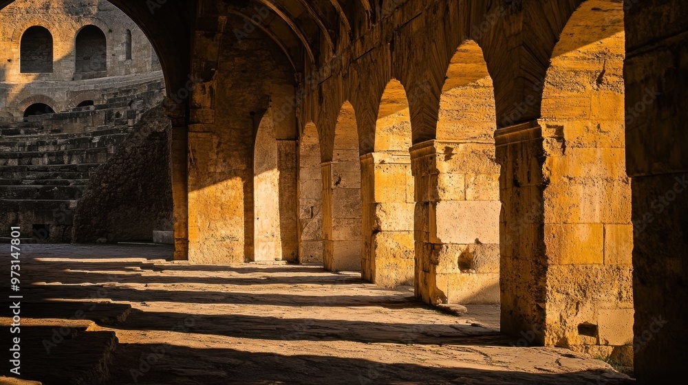 Poster a sunlit archway in an ancient structure, showcasing historical architecture and shadows.