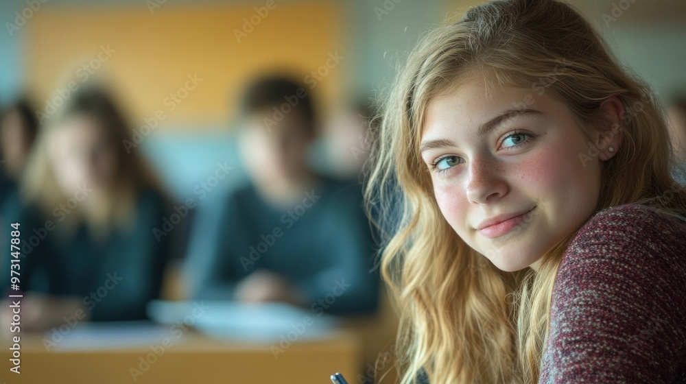 Poster a student smiling in a classroom setting, engaged in learning with peers in the background.