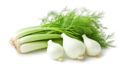 Fresh celery stalks and white onions with green fronds, ideal for cooking and garnishing.