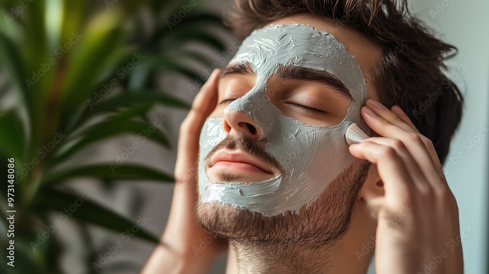 Poster a young man relaxes with a clay mask applied to his face while enjoying a spa-like atmosphere in a c