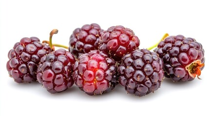 A cluster of fresh blackberries on a white background, showcasing their rich color and texture.