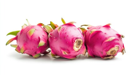 Three vibrant pink dragon fruits with green tips against a white background.