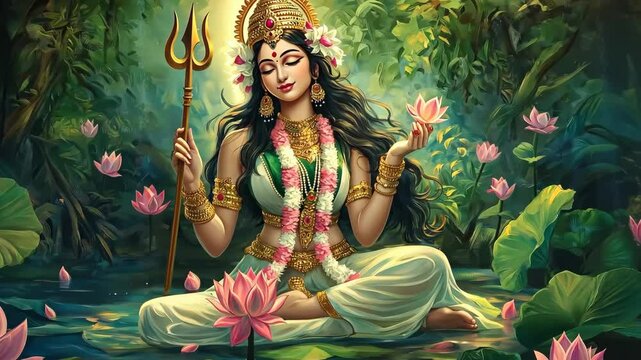 Goddess Parvati Meditating in a Lotus Pond Surrounded by Flowers