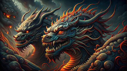 Fototapeta premium Fierce two-headed dragon with fiery details and glowing eyes amidst a dark, atmospheric backdrop