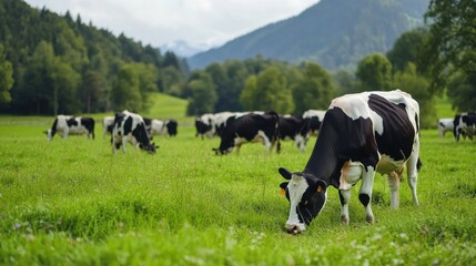 Fototapeta premium Peaceful Cows Grazing in a Lush Green Pasture