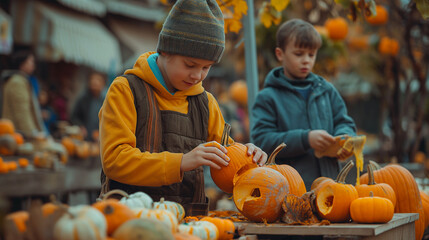 Fototapeta premium Pumpkin Decorating Workshop, kids and parents painting and carving pumpkins at an outdoor festival, Halloween, with copy space