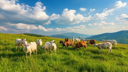 Grazing Cattle on Lush Green Pastures Under a Blue Sky