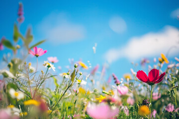 A field of flowers with a bright blue sky in the background