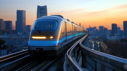 Naklejka premium Modern Train at Sunset in Urban Environment