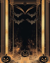 Art deco Halloween card, black and gold geometric patterns.