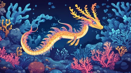 Vibrant underwater scene featuring a colorful dragon swimming among coral reefs, perfect for fantasy and ocean-themed designs.