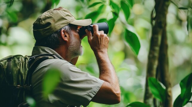 Nature Enthusiast Observing Wildlife in Lush Forest