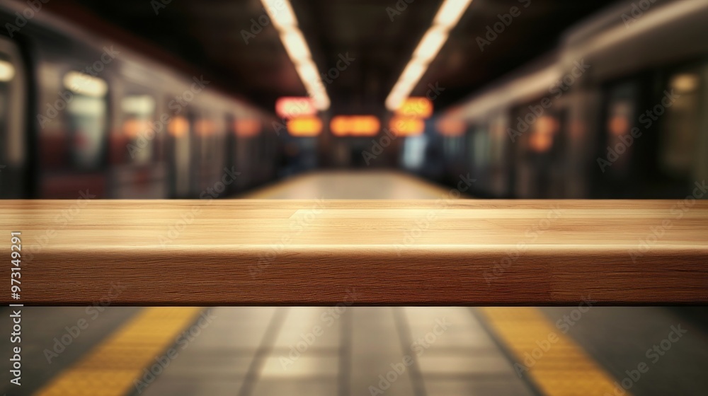 Poster A blurred view of a subway station platform with a wooden surface in focus.