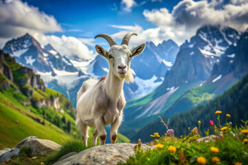 Obraz premium A White Goat Posing Against a Dramatic Mountain Range