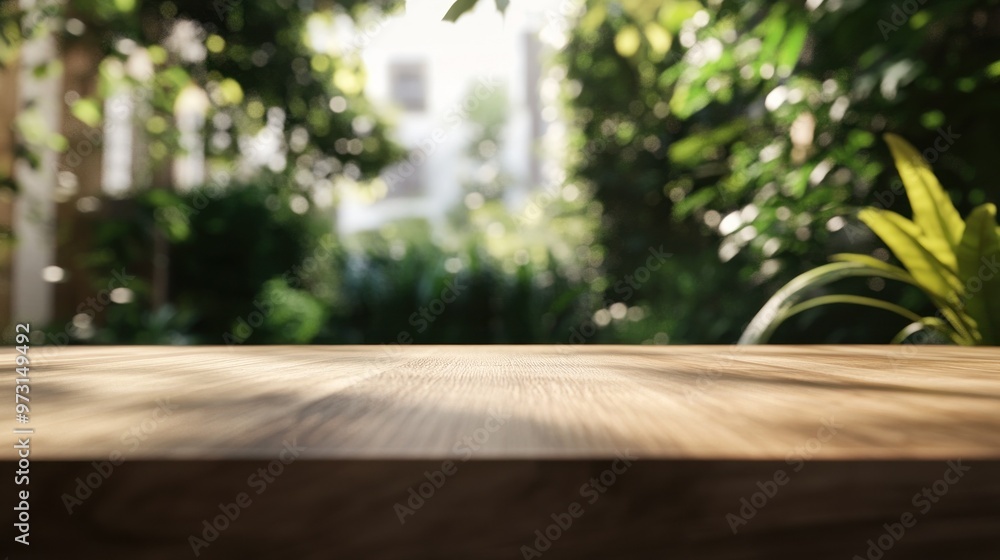 Canvas Prints A blurred outdoor scene with a wooden tabletop in focus, surrounded by lush greenery.