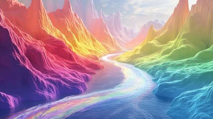 Vibrant Otherworldly Landscape with Colorful Mountains and Winding River