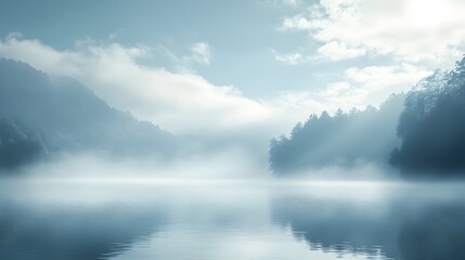 Obraz premium Misty Lakeside Forest Landscape with Serene Reflection in Tranquil Wilderness