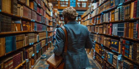 Fototapeta premium Man Walking Through a Library Aisle