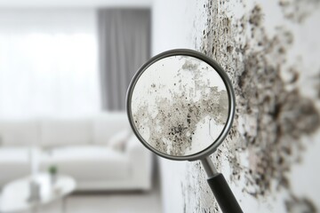 Mold under magnifying glass on walls of apartment, high humidity and its negative impact on health. Damage, respiratory issues, allergies, poor indoor air quality, and need for mold remediation.