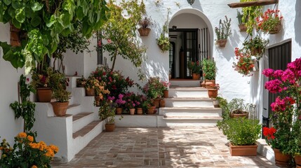 Naklejka premium A charming courtyard filled with colorful flowers and plants, inviting relaxation and beauty.
