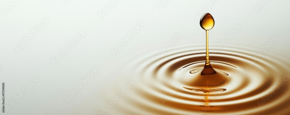 Poster minimalist high-resolution image of a single golden droplet creating ripples on a calm liquid surfac