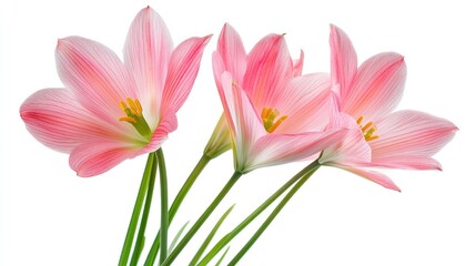 Naklejka premium Three delicate pink flowers with green stems against a white background.