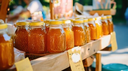 Assorted Honey Jars on Display at a Market