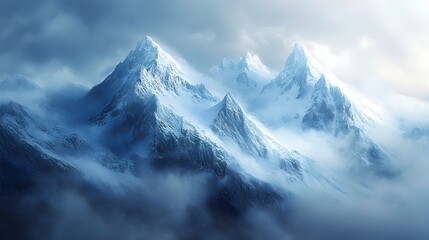 Obraz premium Majestic Snowy Peaks Enshrouded in Ethereal Mist and Clouds Evoking a Sense of Awe and Tranquility