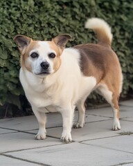 A white and brown Chihuahua mix stands attentively on a paved path, its eyes fixed ahead, framed by lush green plants.