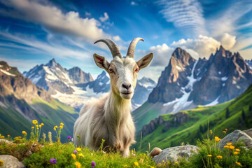 Obraz premium White Goat Posing in Mountainous Landscape