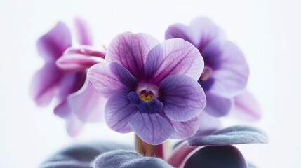 Obraz premium A close-up of delicate purple flowers with soft petals and green leaves.