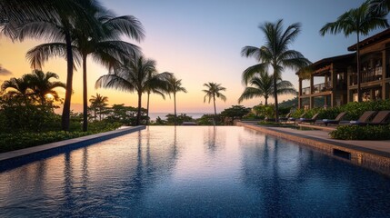 Fototapeta premium Serene sunset over a tranquil poolside landscape with palm trees and ocean view.