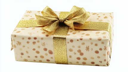 A gift box wrapped in cream paper with a golden bow and a polka dot pattern.