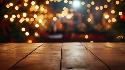 A festive scene with blurred lights and a wooden table, evoking holiday spirit.