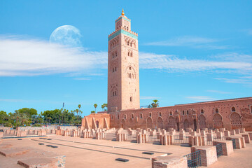 Fototapeta premium Koutoubia Mosque minaret at medina quarter in the morning. Marrakesh, Morocco.
