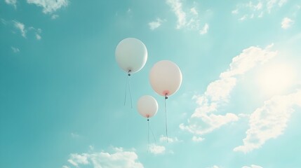 Fototapeta premium Floating White Balloons Drifting Through Serene Sky Landscape