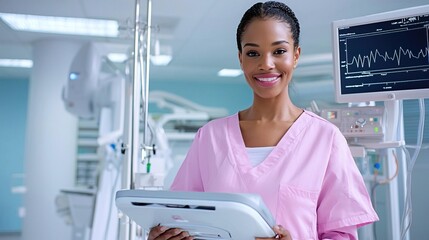 Smiling female nurse in pink scrubs holding a tablet in a hospital room.
