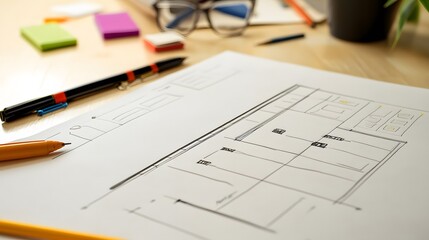 Hand-drawn Website Sketch with Pens on a Desk