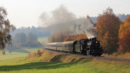 Vintage Steam Train Traveling Through Autumn Landscape