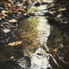 Obraz premium Tranquil Stream Surrounded by Autumn Leaves