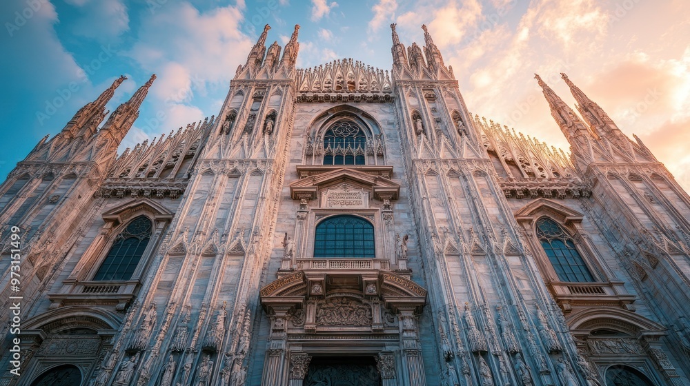 Poster Majestic cathedral facade with intricate details and spires at sunset.