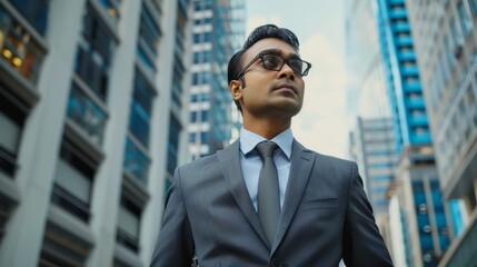 Fototapeta premium A man in a suit and tie stands in front of a tall building
