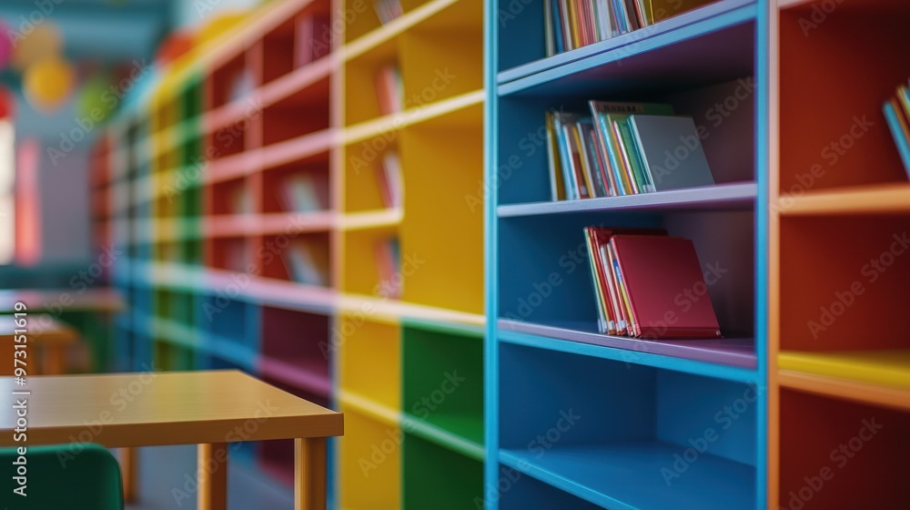 Poster a colorful library with bookshelves and tables, designed for learning and creativity.
