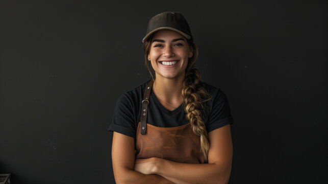Portrait of a smiling woman, female BBQ expert with an apron, arms confidently crossed. He is wearing a casual black cap, exuding warmth and professionalism. Perfect for use in marketing campaigns.